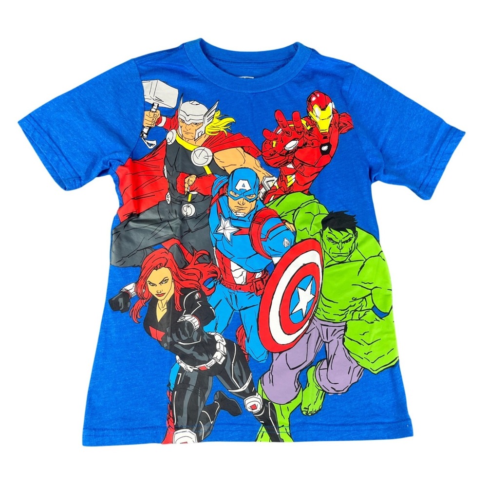 Marvel Avengers Boys Blue Graphic Tee Shirt Size 7 Iron Man Captain America Hulk